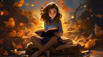 cute schoolgirl reading book surrounded by wisdom photo