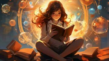 linda Chica de escuela leyendo libro rodeado por sabiduría foto