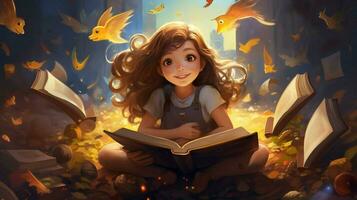 cute schoolgirl reading book surrounded by wisdom photo