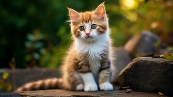 cute small mammal furry kitten sitting outdoors staring photo