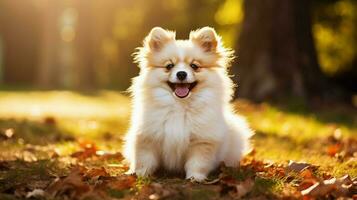 linda pequeño perrito sentado al aire libre mullido piel juguetón foto