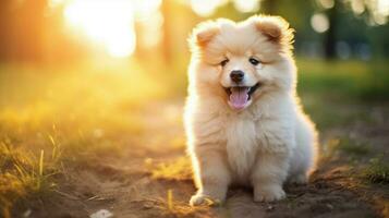 cute small puppy sitting outdoors fluffy fur playful photo