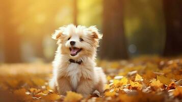 cute small puppy sitting outdoors fluffy fur playful photo