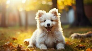 cute small puppy sitting outdoors fluffy fur playful photo