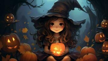 cute witch girl in spooky costume smiles embracing her photo
