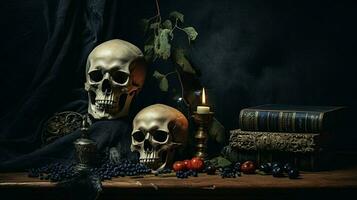 dark background spooky still life of skull photo