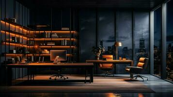 dark modern office illuminated by electric lamp photo