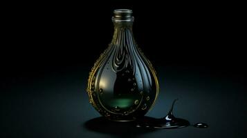 dark glass bottle with single liquid drop photo