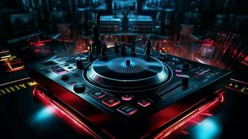 oscuro Club nocturno DJ control S amplificador y placa giratoria foto