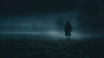 dark silhouette standing in fog walking alone outdoors photo