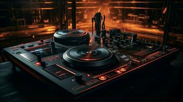 dark nightclub dj controls amplifier and turntable photo