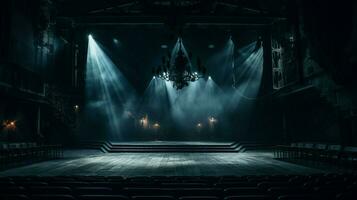 oscuro etapa dentro antiguo teatro iluminado por equipo foto