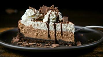 decadent chocolate cheesecake slice on black plate photo