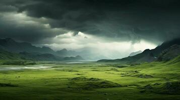 dark weather ominous clouds over dramatic landscape photo