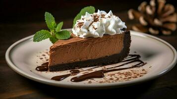 decadent chocolate cheesecake slice on black plate photo