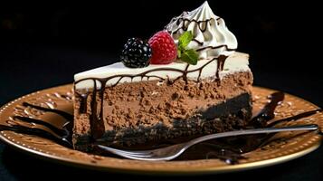 decadent chocolate cheesecake slice on black plate photo