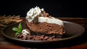 decadent chocolate cheesecake slice on black plate photo