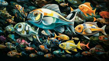 deep below a colorful school of fish swims photo