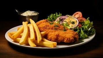 deep fried fillet with fries and salad photo