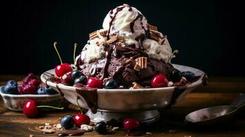 delicious chocolate berry ice cream sundae photo