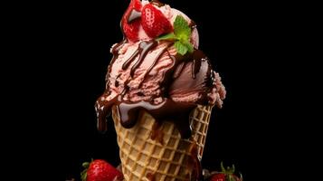 delicious chocolate ice cream cone with strawberry topping photo