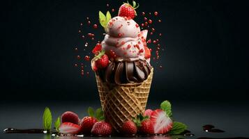 delicious chocolate ice cream cone with strawberry topping photo