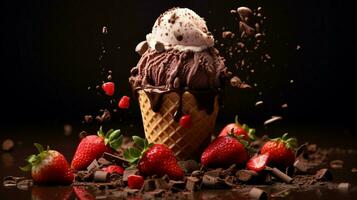 delicious chocolate ice cream cone with strawberry topping photo