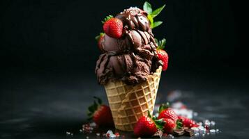 delicious chocolate ice cream cone with strawberry topping photo