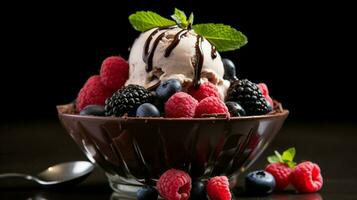 dessert indulgence ice cream chocolate fresh berries photo