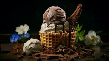dessert indulgence gourmet chocolate ice cream on waffles photo