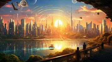 digital city life shines under futuristic sunset photo