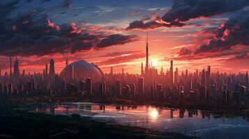 digital city life shines under futuristic sunset photo