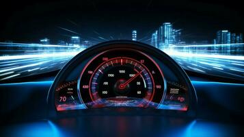 digital speedometer glows on modern car dashboard photo