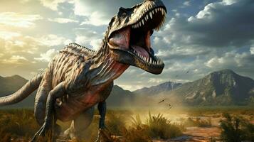 dinosaur roars fiercely in the prehistoric landscape photo