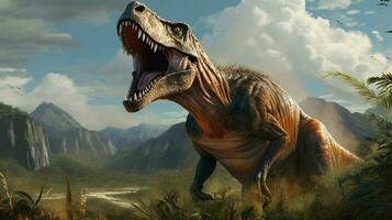 dinosaur roars fiercely in the prehistoric landscape photo