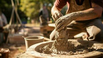 dirty hand molds clay in outdoor workshop photo