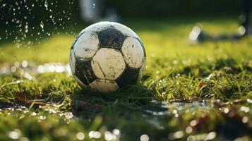 dirty soccer ball on wet grass field photo