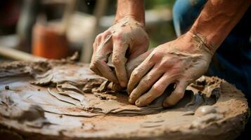 dirty hand molds clay in outdoor workshop photo