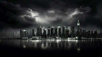 dramatic cityscape at dusk black and white photo