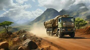 driving off road truck through african mountain range photo