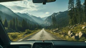 driving through mountains summer adventure awaits ahead photo