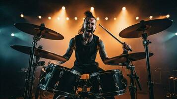 drummer skillfully plays metal drum kit onstage photo