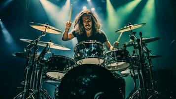 drummer skillfully plays metal drum kit onstage photo