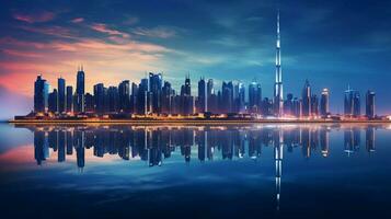 dubai modern skyline illuminated at dusk photo