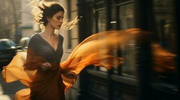 elegance and sensuality in one woman blurred motion walking photo