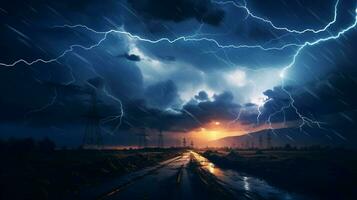 electricity sparks in dramatic sky powering wind turbines photo