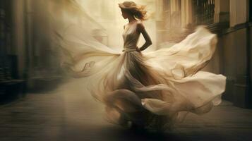 elegance and sensuality in one woman blurred motion walking photo