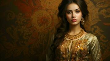 elegante belleza en oro y tradicional ropa foto