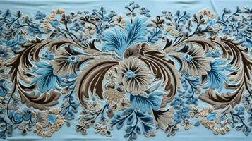 elegant antique rug with ornate blue embroidery photo