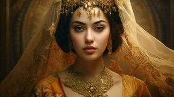 elegant beauty in gold and traditional clothing photo